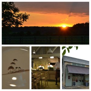 From top clock-wise: sunset at Daylesford; The entrance to the food shop; the chef's in the restaurant; Daylesford's hand-painted plates by 'Little Rustics'