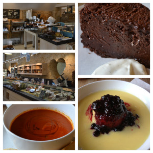 From top left, clock-wise: The bakey; Chocolate nemesis; blackcurrant sponge with custard; tomato & red pepper soup; the deli'.